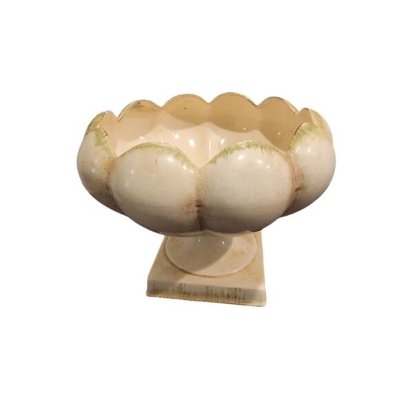 Anthony Freeman McFarlin Pedestal Planter Vase MCM Signed Cream Scallop Bowl - Picture 3 of 8